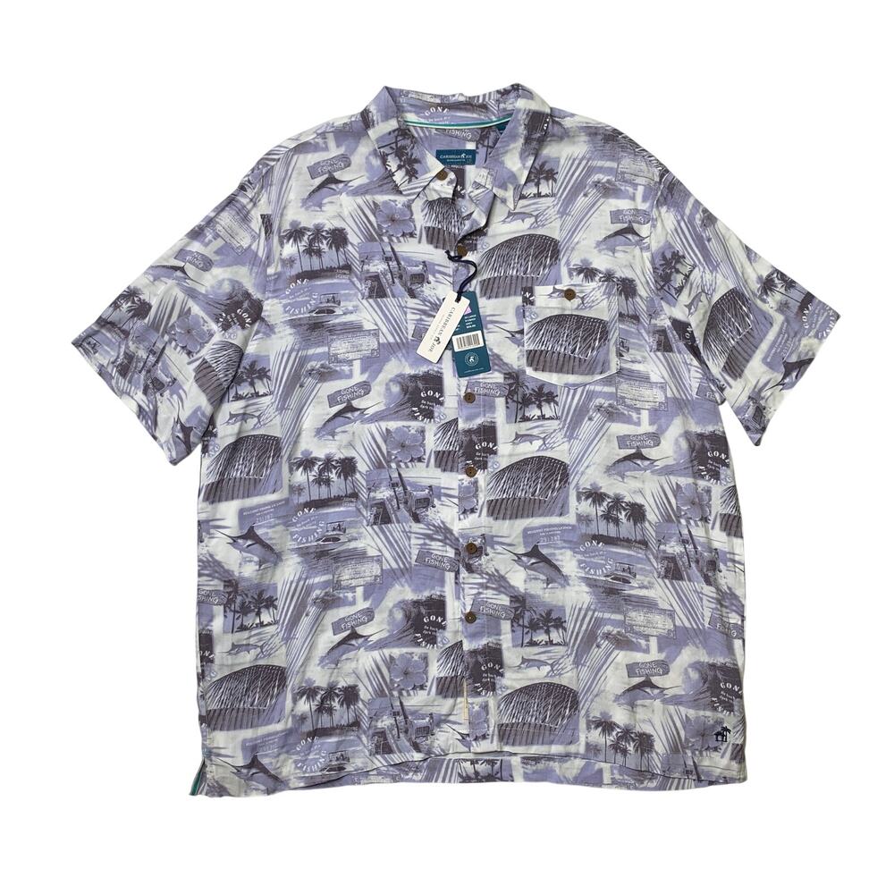 Caribbean Joe Shirt Mens 2XL Purple White Tropical Gone Fishing Button Up Camp